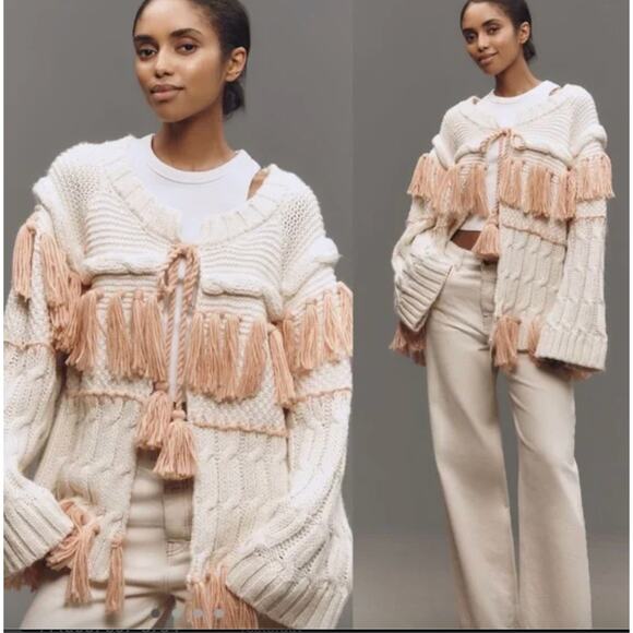 Anthropologie Mixed Knit Fringe Cardigan One Size - Picture 1 of 9